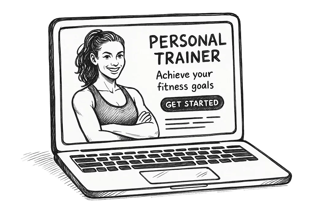Sketch of laptop with personal trainer website and confident coach